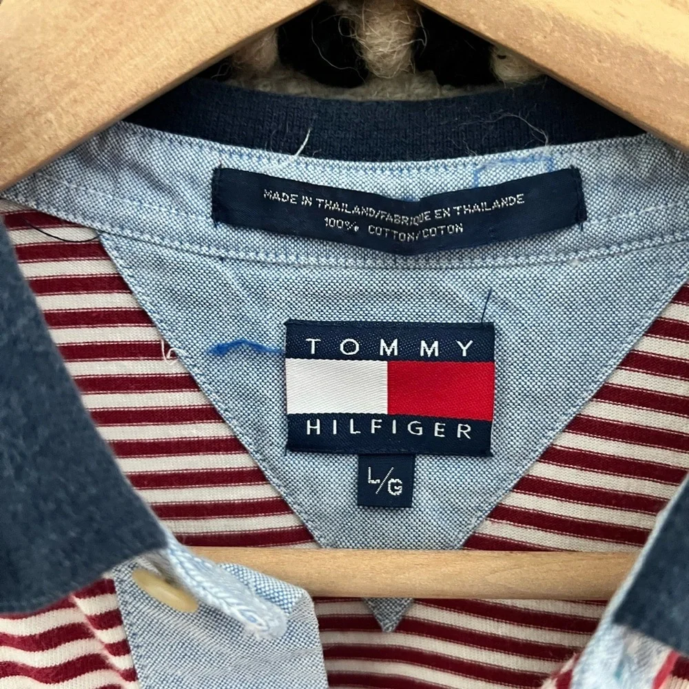 Vintage 90s Tommy Hilfiger Men's Polo Shirt - Navy and White Stripes